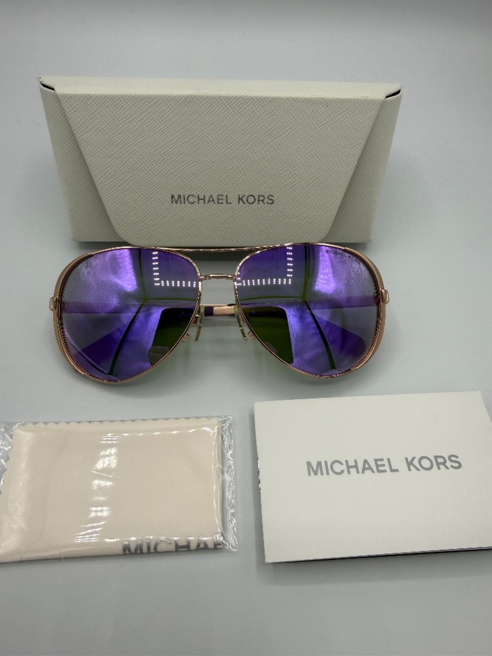 Michael Kors MK5004 Chelsea Aviator Sunglasses Rose Gold w/Purple Mirror 10034V